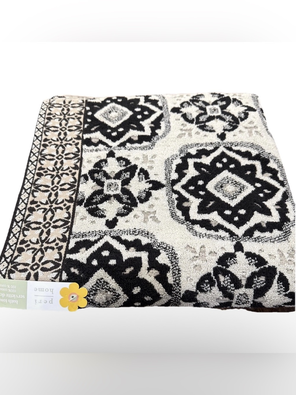 Peri Home Moroccan Tiles Cotton Black Tan Terry Loops Bath Towel 28x54” NWT